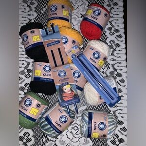 Yarn bundle 11 skeins plus crochet and knitting needles New Crafters Closet